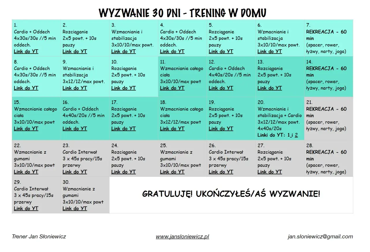 Plan 30-dniowego wyzwania: trening funkcjonalny co to? Codzienne ćwiczenia cardio, wzmacniające i rozciągające z linkami do YouTube.