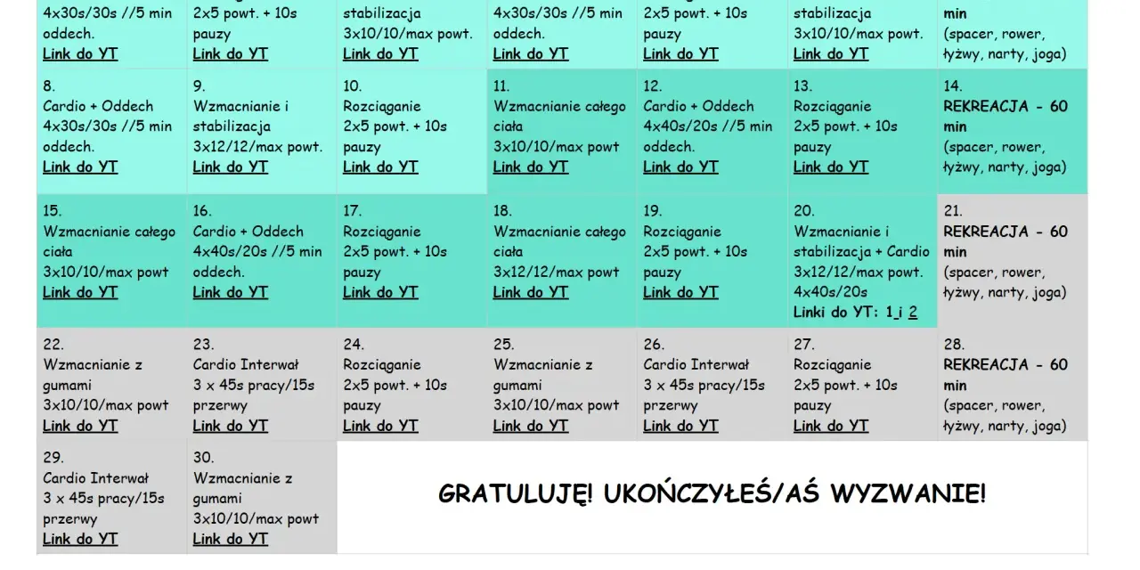 Plan 30-dniowego wyzwania: trening funkcjonalny co to? Codzienne ćwiczenia cardio, wzmacniające i rozciągające z linkami do YouTube.
