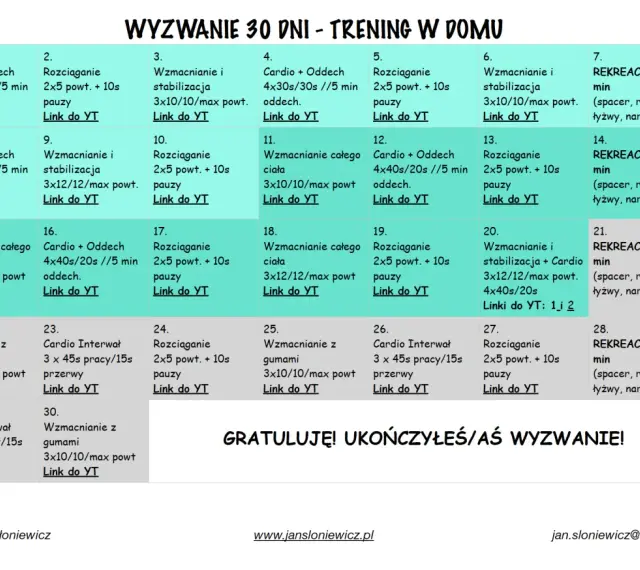Plan 30-dniowego wyzwania: trening funkcjonalny co to? Codzienne ćwiczenia cardio, wzmacniające i rozciągające z linkami do YouTube.