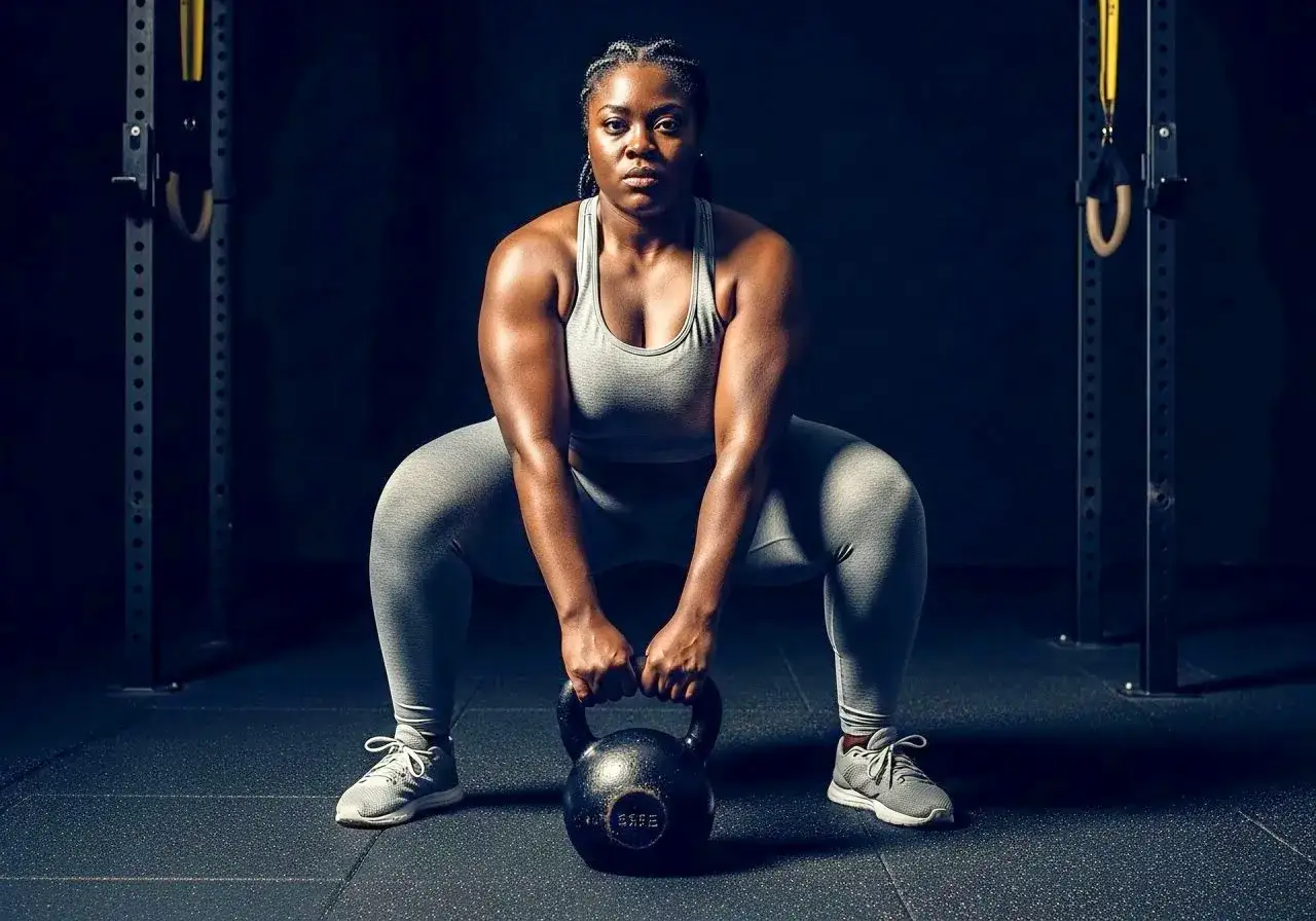 Kobieta wykonuje przysiad z kettlebell. To przykład treningu funkcjonalnego, który poprawia siłę i kondycję.